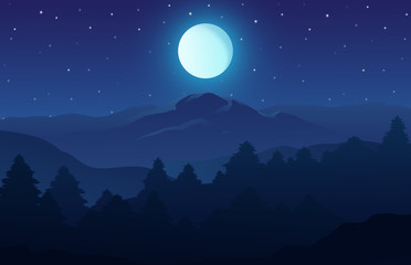 vector illustration of night time nature landscape in the forest with a mountain, full moon and a st