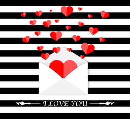 Leinwandbilder - Envelope with hearts inside. Hearts flying out from letter. Love letter concept with open envelope with flying out little red hearts.