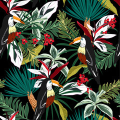 Naklejka na meble Colorful Toucan, exotic birds, tropical flowers, palm leaves, jungle leaf, wild flower seamless vector floral pattern. Tropical forest background