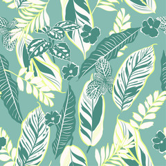 Wall Mural - Retro tropical leaves and foliage seamless pattern vector in hand drawn style for fashion fabric and all prints