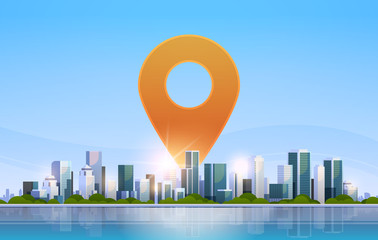 Poster - geolocation pin geo tag icon destination navigation position concept over big modern city building skyscraper cityscape skyline flat horizontal