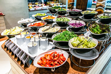 Assortment fresh vegetable salads vegetarian buffet tasty side dish variety. Healthy food set, organic, natural egypt