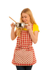 Wall Mural - young blond woman cooking isolated over white background