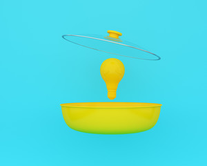 Open yellow cooking pot with yellow light bulbs floating on blue color background. minimal business concept and food idea. 