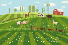 Rural Countryside Landscape, Farmhouse, Spring, Summer, Green Meadows, Fields, Wildflowers, Horse, Cow, Bull, Sheep, Ram, Goat, Hills, Trees On The Horizon, Fence, Vector, Illustration, Isolated