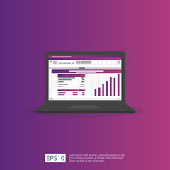 Poster - SEO data analytic, spreadsheet on screen. business finance analysis audit with graphs charts. Return on investment ROI concept. increase profit stretching rising up. office things vector illustration.