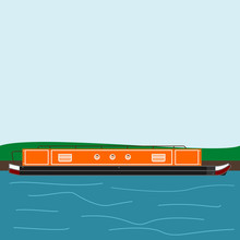 Editable Side View Narrow Boat At River Bank Vector Illustration With Water Waves In Flat Style For Artwork Element Of Transportation Or Recreation Of United Kingdom Or Europe Related Design