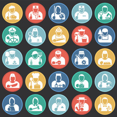 Fototapete - Occupations icon set on color circles black background for graphic and web design, Modern simple vector sign. Internet concept. Trendy symbol for website design web button or mobile