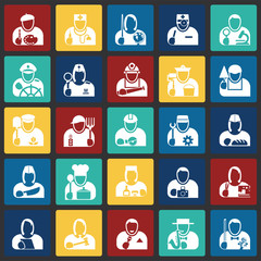 Fototapete - Occupations icon set on color squares background for graphic and web design, Modern simple vector sign. Internet concept. Trendy symbol for website design web button or mobile