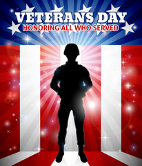 Poster - A patriotic soldier standing in front of an American flag Veterans Day background concept