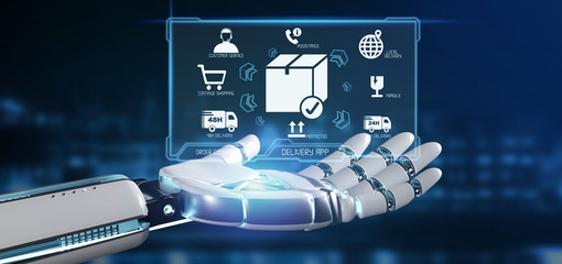 Poster - Cyborg hand holding a  Logistic delivery application screen 3d rendering