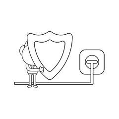 Poster - Vector illustration of businessman character holding guard shield ang plug plugged into outlet. Black outline.