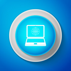 Poster - White Website on laptop screen icon isolated on blue background. Globe on screen of laptop symbol. World wide web symbol. Internet symbol for your web site design, logo. Vector illustration
