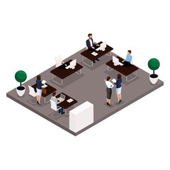 Poster - trend isometric people, concept, an office rear view of a large office room, work, office workers, b
