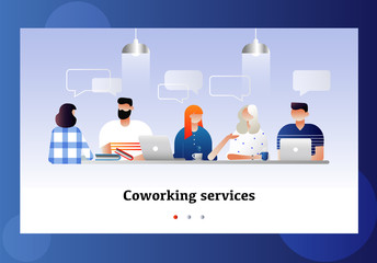 Coworkers office concept with characters. Freelancer concept, coworking people, business workspace for creative businesswoman. Employee space for businessmen. Discussion and meeting illustration.