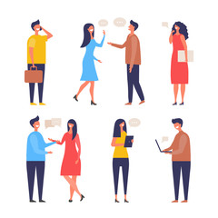 Canvas Print - Dialogue people. Communication characters web chat discuss businessman active discussion vector flat pictures. Illustration of conversation group people