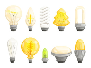 Wall Mural - Modern bulbs collection. Idea lamp lighting cartoon vector pictures colorful set. Illustration of idea lamp, bulb light collection