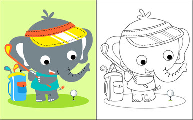 Vector illustration of coloring book with little elephant cartoon the golf player