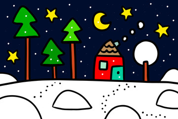 Wall Mural - Winter night hand drawn illustration with house in the forest