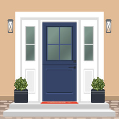 House door front with doorstep and mat, steps, window, lamp, flowers in pot, building entry facade, exterior entrance design illustration vector in flat style