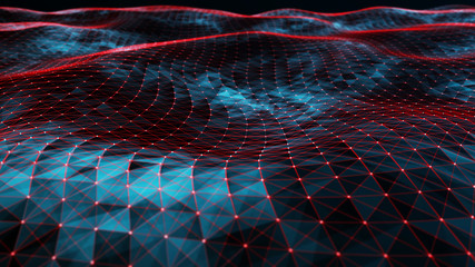 Poster - Digital data visualization. cybernetic particles. Low poly mesh. Flow. Wave. Abstract polygonal low poly wave background with connecting dots and lines. 3D rendering.