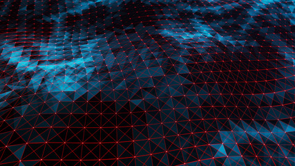 Poster - digital data visualization. cybernetic particles. low poly mesh. flow. wave. abstract polygonal low 