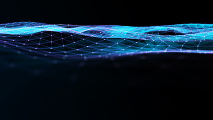 Poster - digital data visualization. cybernetic particles. low poly mesh. flow. wave. abstract polygonal low 
