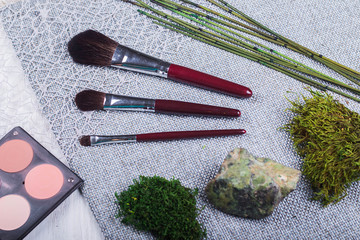 Beautiful composition: professional make-up brushes, equipment and decorative elements