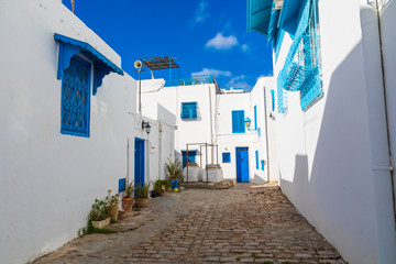 Naklejka na meble Cityscape with typical white blue colored houses in resort town Sidi Bou Said. Tunisia.