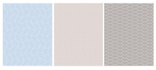 Set O 3 Abstract Vector Patterns. Design Made Of White Hand Drawn Lines And Dots. Blue, Beige And Brown Backgrounds. Simple Infantile Style Design. Abstract Waves And Grid.