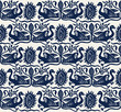 Seamless woodblock printed indigo dye ethnic pattern. Traditional European folk motif with gees and floral arabesques, navy blue  on ecru background. Textile or wallpaper print.