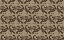 Seamless Woodblock Printed Indigo Dye Ethnic Pattern. Traditional European Folk Motif With Ravens And Thistles, Taupe Brown On Beige Background. Textile Or Wallpaper Print.