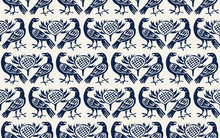 Seamless Woodblock Printed Indigo Dye Ethnic Pattern. Traditional European Folk Motif With Ravens And Thistles, Navy Blue  On Ecru Background. Textile Or Wallpaper Print.