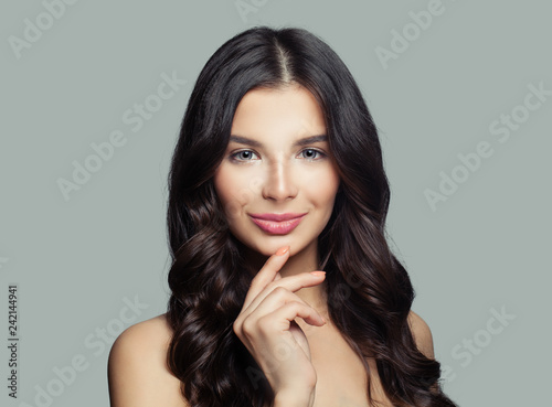 Cheerful Brunette Woman Smiling Beautiful Girl With Long Hair And