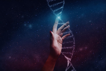 Aufkleber - Close up of human Touching DNA molecule. Nebula dust in infinite space. Mixed media.