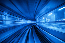 Motion Blur Of Automatic Train Moving Inside Tunnel In Tokyo, Japan.