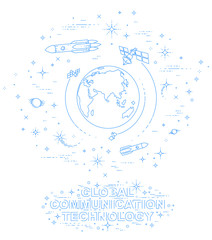 Small Earth in endless space surrounded by artificial satellites, stars and other elements. Global communication technology theme. Thin line 3d vector illustration isolated on white.