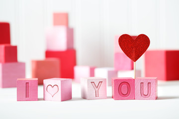Wall Mural - I Love You message with pink and red blocks with hearts