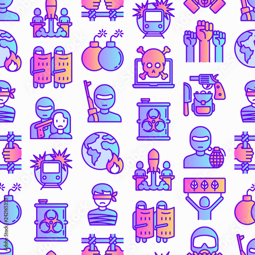 Fotografía Stop terrorism seamless pattern with thin line icons: terrorist, civil disorder, national army, hostage, bombs, cyber attacks, suicide, bomber, illegal imprisonment, bioterrorism