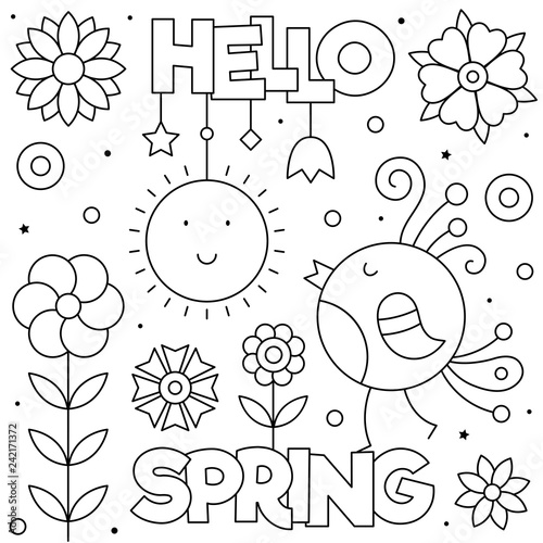 hello spring coloring page black and white vector