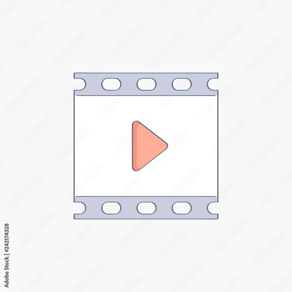 Films Button Image Videotape or film strip frames with video player icon and play button ...