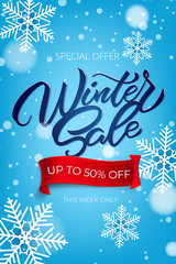 Wall Mural - Winter sale poster with snowflakes. Big winter sale poster, advertising, booklet. Vector illustration with isolated design elements