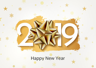 Wall Mural - Happy New 2019 Year background gold bow. Christmas celebration card decoration