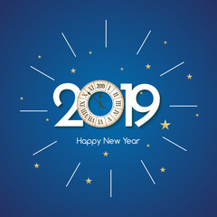 Wall Mural - Happy New 2019 Year background. Christmas celebration card decoration with clock