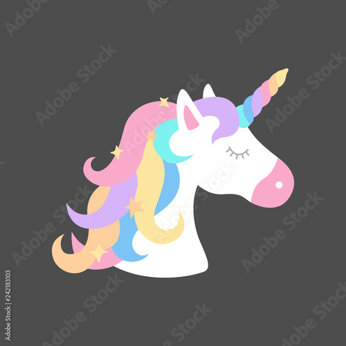 Colorful Rainbow Unicorn Vector Illustration Drawing Cute Unicorn S Head With Rainbow Horn And Mane With Sparkling Stars Stock Vector Adobe Stock