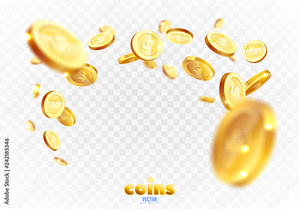 Coins Exploding Realistic Gold coins explosion. Isolated on transparent background ...
