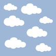 Vector illustration of cloud collection over blue sky background. Clouds of various forms and contours. Design element for weather forecast.