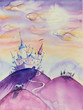 Children book illustration with fairy tale kingdom.Picture created with watercolors.