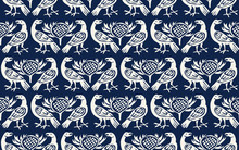 Seamless Woodblock Printed Indigo Dye Ethnic Pattern. Traditional European Folk Motif With Ravens And Thistles, Ecru On Navy Blue Background. Textile Or Wallpaper Print.