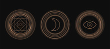 Vector Set Of Circle Geometric Ornaments. Geometric Alchemy Symbol. Abstract Occult And Mystic Signs. Black Background.